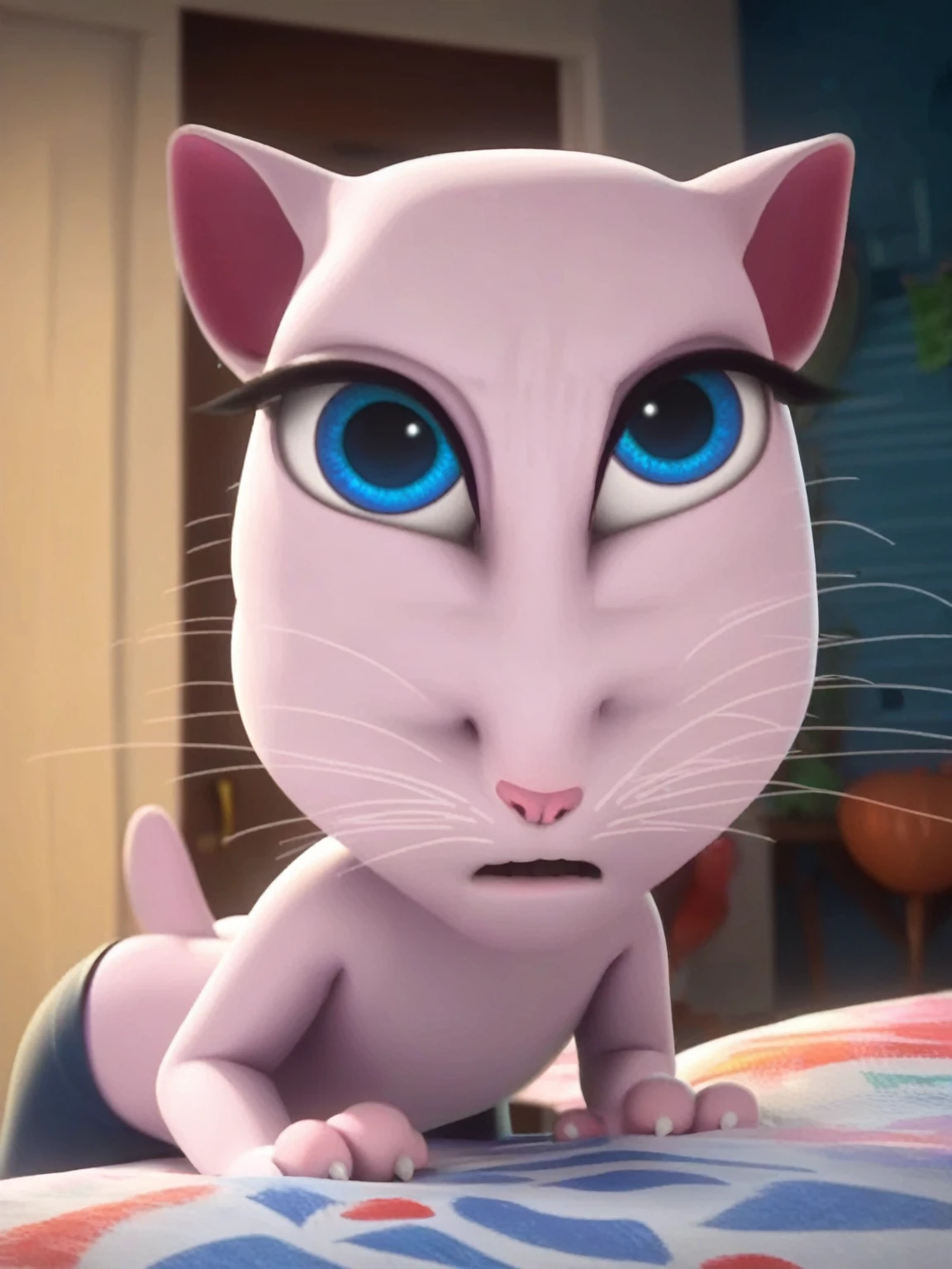 ,solo focus, a_la, 1girl, cat, white fur, long whiskers on both sides of the face, big bright blue eyes, big black eyelashes, small pink nose, triangular ears with pink ducts, has tights,??????? penis rapes, pulls, orgasms, lies on the bed , naked ass