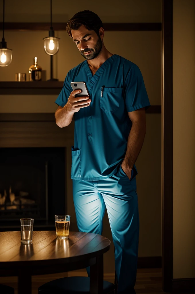 A dimly lit living room at night. A tired man in wrinkled scrubs stands with his iPhone casting a blue glow on his anxious face. His fingers hover over the phone, showing signs of wear from work. A clock on the wall reads 3:17 AM. Family photos on the mantel. A bottle of Glenlivet and a tumbler sit on a nearby table. The atmosphere is tense and filled with worry. No stethoscope