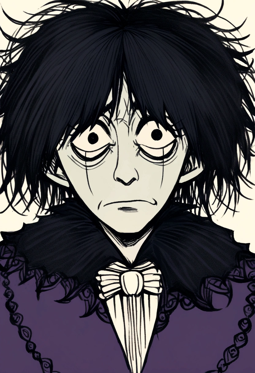 adult man, Bblack hair, tired expression, art style drawing gothic tim burton, portraite