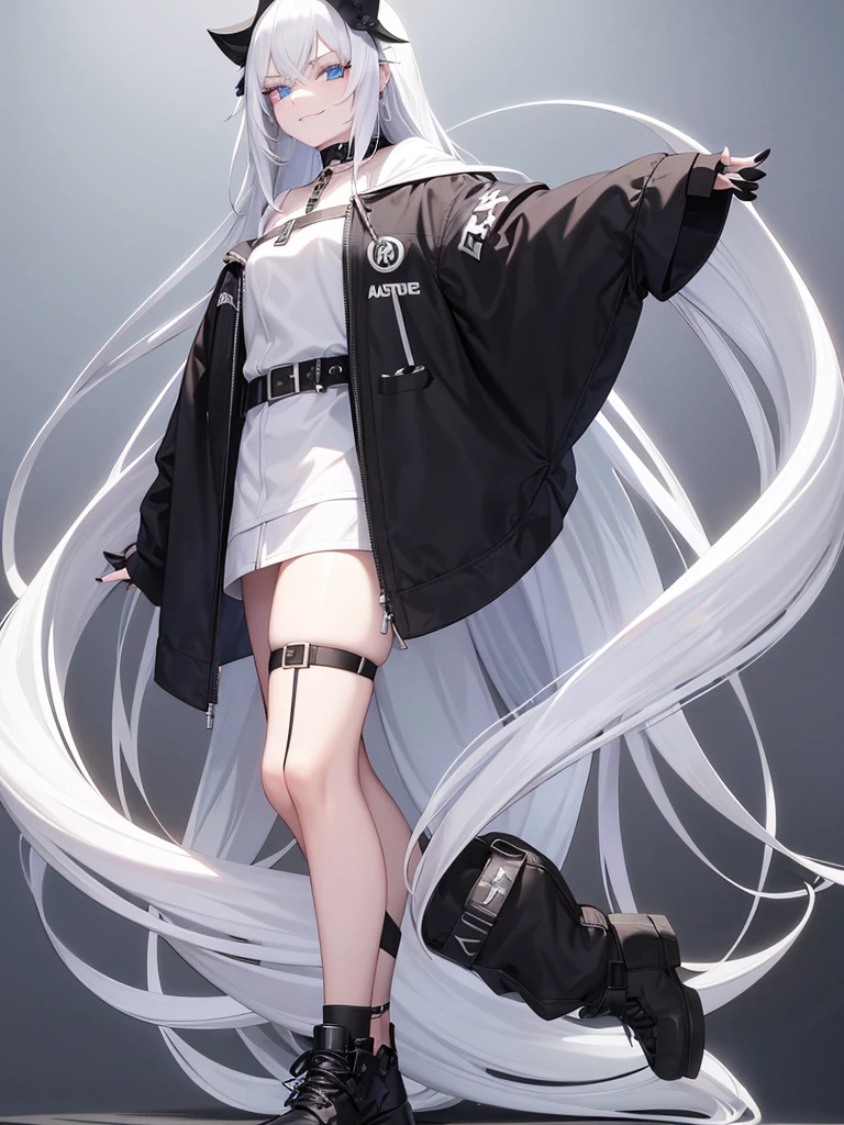 white background, 1girl, full body, adult, standing, pale skin, very long white hair, white hair, loose sunglasses, blue eyes, oversized black hoodie, black shoes, black nails, black choker, black thigh belt, silver earrings, smirk.