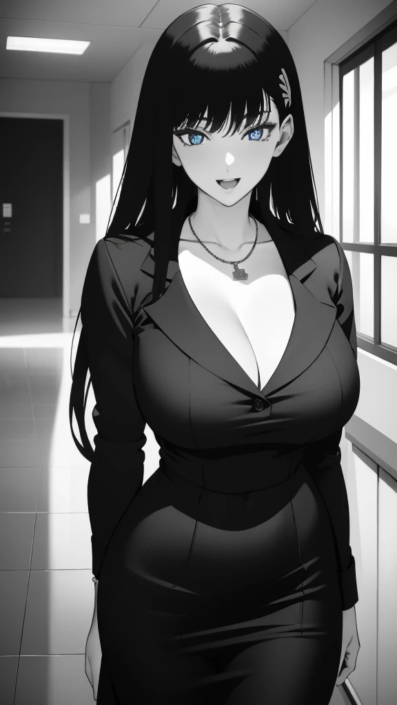 (masterpiece), (best quality), (ultra-detailed), ((girl, 29 years old)), an extremely delicate and beautiful, detailed eyes, minute details, (black hair, long hair, straight hair, hair between eyes), ((big breasts)), smile, open mouth, ((beautiful eyes)), (blue eyes), (upper body), she is wearing a blue dress, (detailed clothes), (detailed background, in a hospital, hospital hallway), (monochrome)