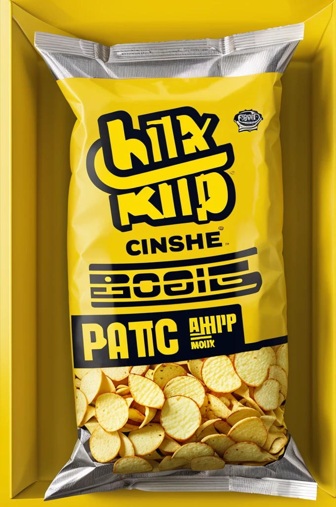 Crisp box with Mr Chip logo in yellow with potato chips sticking out of the box