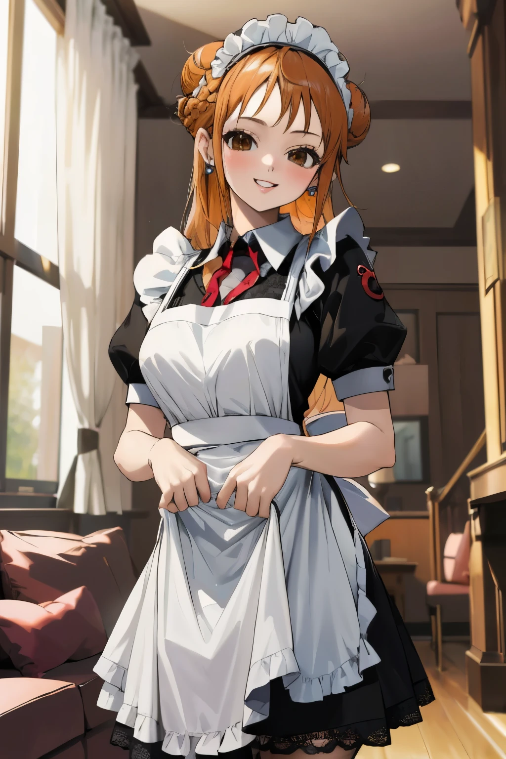 masterpiece, best quality, ultra-detailed, 1girl (namiop, Big and pretty breasts, jewelry, earrings, dog collar, orange hair, , single hair bun, brown eyes), smile, makeup, glow lips, facing viewer, looking at viewer, solo, maid(black), frill, apron, maid headdress, white lace thighhighs,ultra mini skirt, skirt lift, black lace panties, wanostyle, night time, in the livingroom, standing, skirt lift , come-on, temptation 