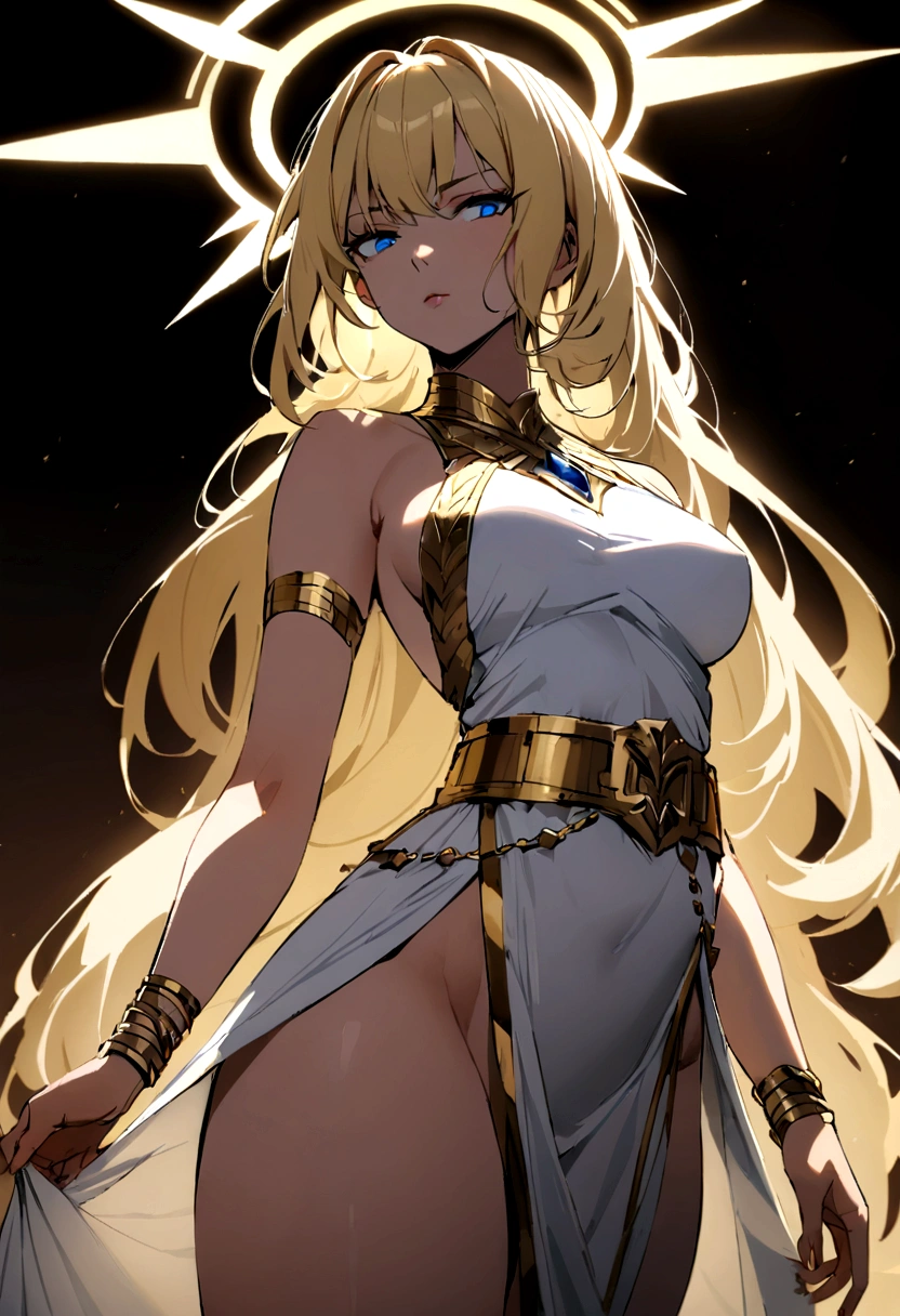 Create a beautiful woman with blue eyes and blonde hair, she white tunic, with gold bracelets, and a golden halo of energy over your head, she has a beautiful body with medium breasts and thighs too, at the waist there is a golden belt, seductive body and a serious look