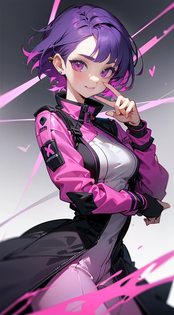 Top Quality, 8K, 4K, High Definition, Detail, (better-quality, 8K, 12), top-quality, 1 girl、only showing her face, she has purple hair, wearing a yellow pin on her right side of her hair, she has her hands together, she looking at you, she is smiling at you, medium breast, her jacket color dark gray with a pink zipper, pink eyes, showing her face and chesat, short hair long as her neck, (only showing half of her body) her jacket is loose. she is wearing earing only right ear shaped has a heart, she has her hand up making a pose, get closer to see up close of her face, she making a pose, she making pose her finger