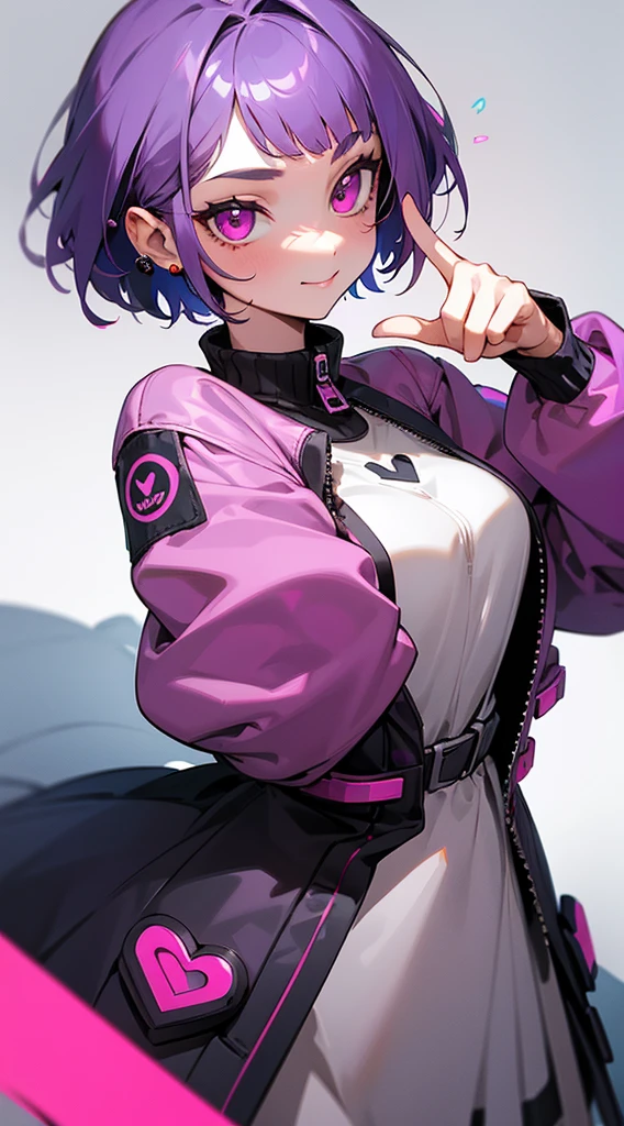 Top Quality, 8K, 4K, High Definition, Detail, (better-quality, 8K, 12), top-quality, 1 girl、only showing her face, she has purple hair, wearing a yellow pin on her right side of her hair, she has her hands together, she looking at you, she is smiling at you, medium breast, her jacket color dark gray with a pink zipper, pink eyes, showing her face and chesat, short hair long as her neck, (only showing half of her body) her jacket is loose. she is wearing earing only right ear shaped has a heart, she has her hand up making a pose, get closer to see up close of her face, she making a pose, she making pose her finger
