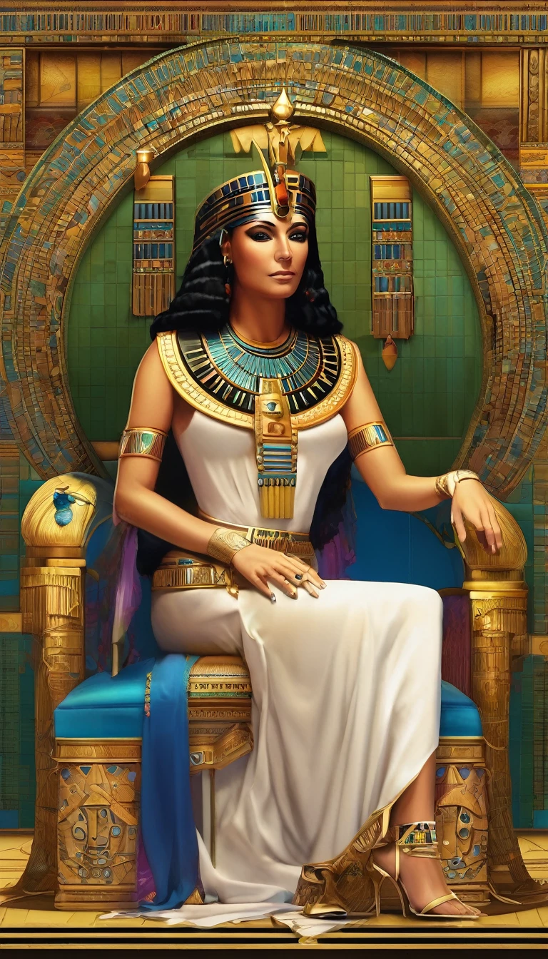 whole body, Long Shot, Cleopatra, the last queen of Egypt, sit on the queen's throne, Two cheetahs surround the throne, Ultra-high resolution micro detail, ((whole body)), (Mystical symbols), High-quality face, Dissecting, 18-25, Elegant and beautiful, The nobles of ancient Egypt, Hall々And, thin, elegant, 黄金比のfigure形, Super detailedな顔, Realistic, Great composition, Amazing depth, Majestic, Well structured, 16k Concept Art hyperrealism , photoRealistic, Beautifully detailed, Complex, Very detailed, Award-winning photo. Dark Background, Neon lighting, Ink painting, Geometric splatter art, dynamic, Very detailed, Concept Art, Smooth, Sharp focus, figure, Centered, Symmetric, Drawn, Complex, Volumetric lighting, A rich masterpiece in dark colors, Sharp focus, Super detailed, Astrophotography, Perfect composition, Beautiful and sophisticated、Highly detailed Octane renderings are popular on Art Station, Art Photography, リアルなConcept Art, Soft Natural Volume Film Perfect Lighting, Awards