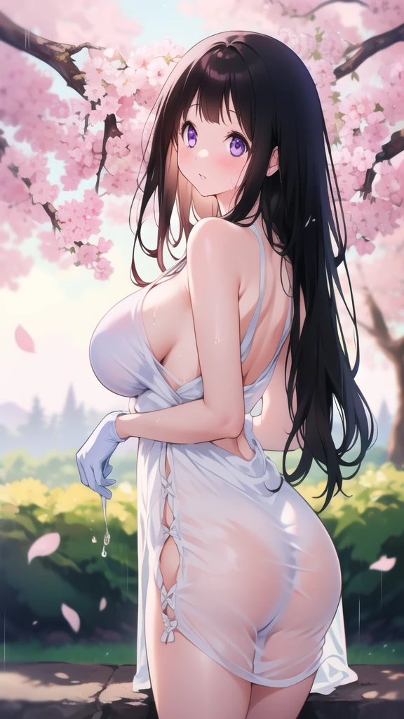 Amazing Chitanda, There is only one beautiful girl,Purple Eyes, Black Hair, Very red face,Very white skin,Glowing skin,Skin as delicate as porcelain,Naturally straight hair, Straight bangs,Extremely refined,Open lips,Long flowing hair,Beautiful Girl, Like a dream,Slim,Slim waist,Soft, (Sensual), (Kawaii), Dream quality,Beautiful big breasts,Sheer loose dress,Areola,Completely naked,Lower edge of breast,White gloves,Flower decoration,Deep V neckline,Loose neckline,White lace-up,Wide neckline,In school,look up,Place your hands on your inner thighs,Thighs clamp hands,Wet skin,Sweaty and sweaty,Sweating all over,it is raining,Next to the cherry blossom trees,Back to,Lean over,Hips,Side body,Gluteal groove,Completely naked的臀部,Bare back,Completely naked的背部,Light transmission,(no pants),nopan,pussy juice,Bare shoulders,There are no shoulder straps,Bare neck,Exposed collarbone,Exposing breasts,Exposing breasts侧面,Exposing breasts下面,Show your waist,Show your buttocks,Show your thighs,Exposing the groin,(No pants),extremely shy,Ultra-high resolution, (masterpiece:1.2, best quality), (Delicate and beautiful eyes: 1.2), (Beautiful and delicate face)