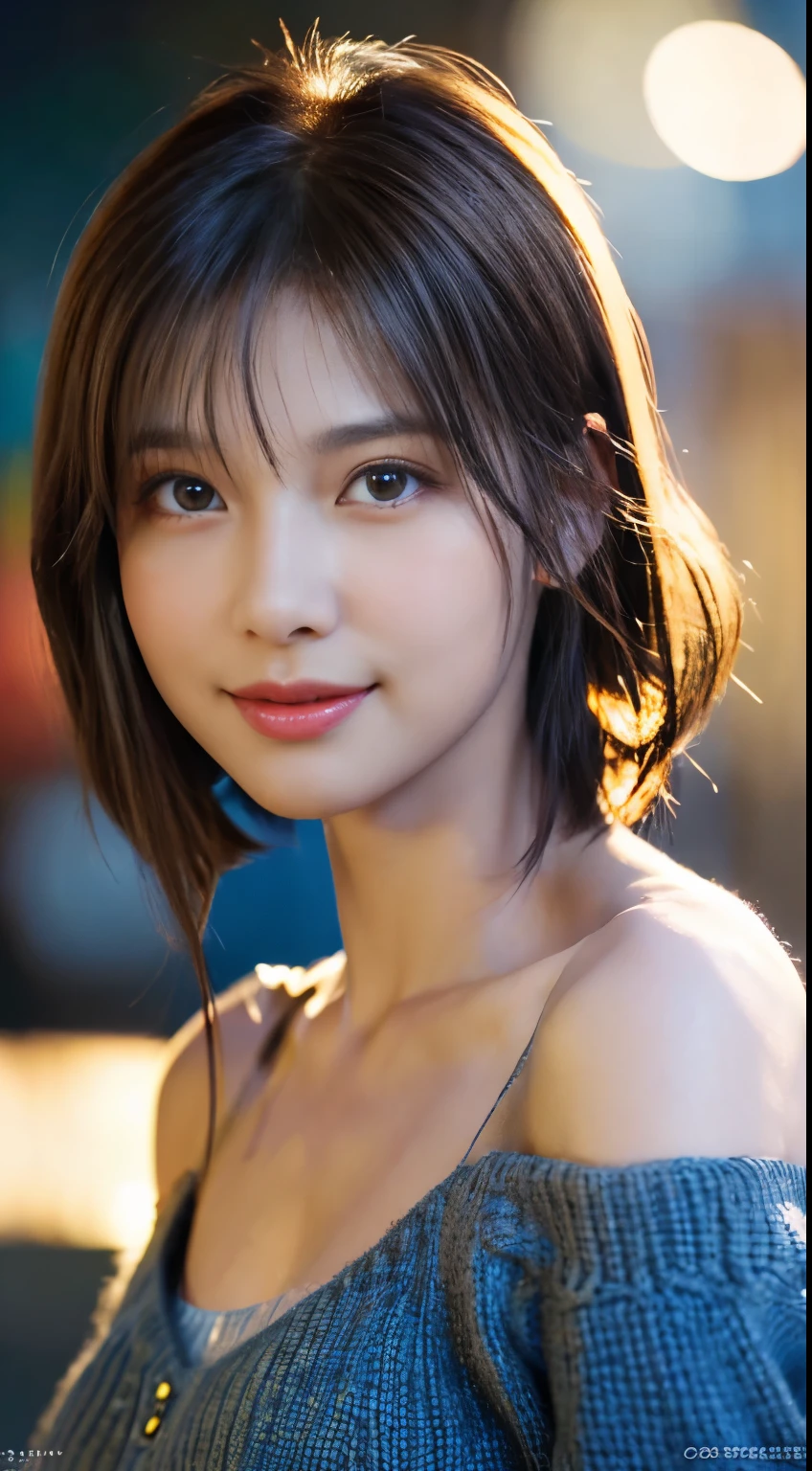 (logo, masterpiece, 8K, Tabletop, RAW Photos, wonderful, 最high quality, Photorealistic and very detailed CG composite 8k wallpaper, high quality, Very detailed, Narrative poem, Particle Effects, Dynamic Effects, Depth of the Boundary, Cinematic Light, Lens flare, Ray Tracing), short hair beautiful young woman, Hair tied back, high detail skin, very fine, fine skin texture, beautiful face, realistic eyes, beautifully detailed eyes, realistic skin, beautiful skin, surreal, smiling eyes, Hair and light eyes, Vibrant, Colorful lights and bokeh. The lighting casts a warm glow on her face and hair, Blue glow, Water surface reflection, Creates a dreamy and magical atmosphere, Big Breasts, Brown Hair, short hair, plump lower lip, pink blush on the cheeks , pink lips, brown tight no-shoulder knit sweater