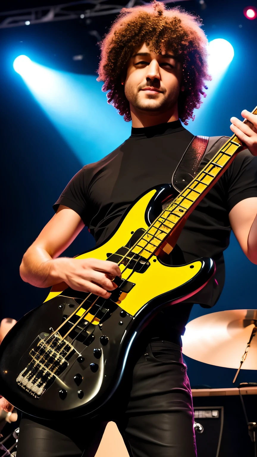 create a rock star playing bass on stage, short hair,realistic,8k, uhd,