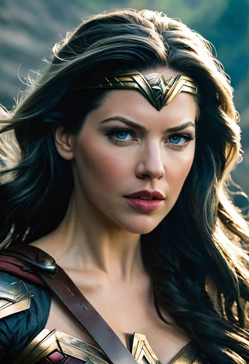 In extreme close-up a beautiful woman Katheryn Winnick under the mantle of the Amazon warrior, Wonder woman, Black hair Dreadlocks portrait of Wonder Woman, fair collectibles, Hybrid by Katheryn Winnick, Katheryn Winnick as hell lord, retrato de Katheryn Winnick, Katheryn Winnick as Wonder Woman, Cinematic bust shot, SideShow Figurines, retrato de Katheryn Winnick, cara como Katheryn Winnick, powerful pose
