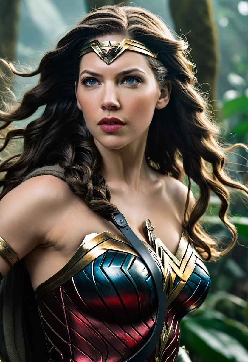 In extreme close-up a beautiful woman Katheryn Winnick under the mantle of the Amazon warrior, Wonder woman, Black hair Dreadlocks portrait of Wonder Woman, fair collectibles, Hybrid by Katheryn Winnick, Katheryn Winnick as hell lord, retrato de Katheryn Winnick, Katheryn Winnick as Wonder Woman, Cinematic bust shot, SideShow Figurines, retrato de Katheryn Winnick, cara como Katheryn Winnick, powerful pose