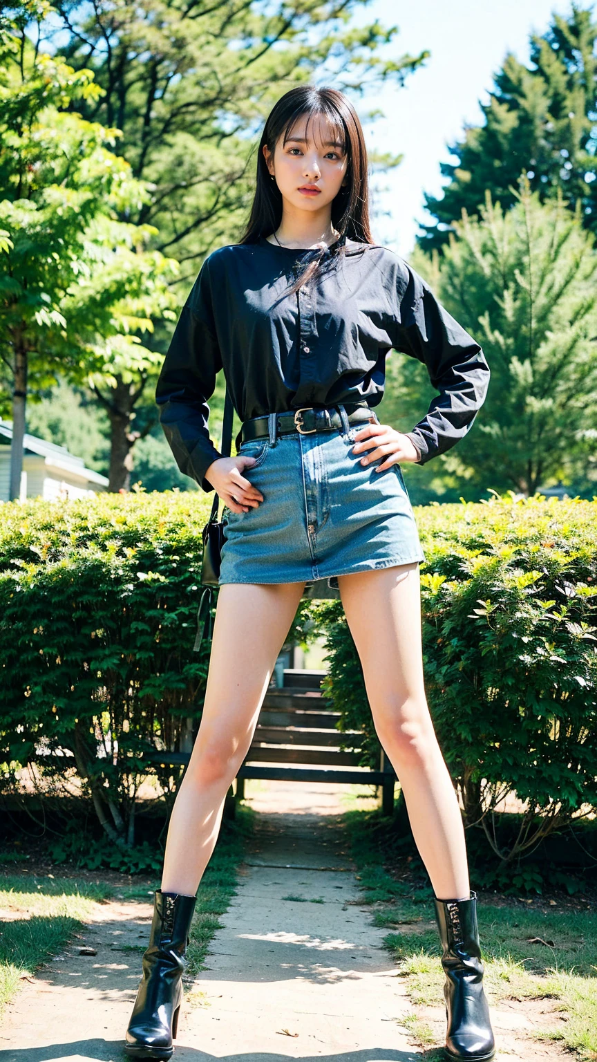 (8K、RAW Photos、Highest quality、masterpiece:1.2)、(Realistic、Realistic)、1 Girl、((blackチェックミニスカート、tie、Medium Hair、black、Thin legs、whole body、boots、blackいコート、one piece、garden、View from the front、Looking into the camera、belt、Stand with hands on hips))、