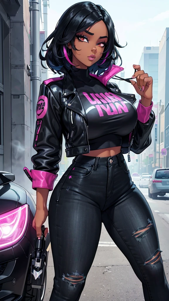 (african,black woman,beautiful detailed eyes,black hair,longeyelashes,fluorescent pink shirt,black jeans,blue leather jacket,big tits,big legs,thick legs,busty),ultra-detailed,(best quality,4k,8k,highres,masterpiece:1.2),vivid colors,portraits