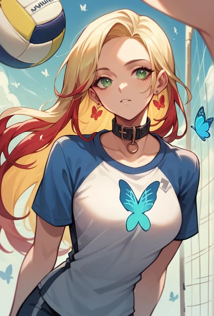 girl, portrait, illustration, SHE HAS BLONDE HAIR ,green eyes, Dressed to play volleyball , collar, earrings, slim body short height has a butterfly tattoo on her right arm has red highlights has long hair stands tall