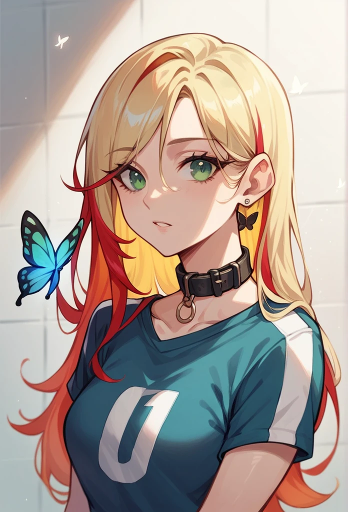 girl, portrait, illustration, SHE HAS BLONDE HAIR ,green eyes, Dressed to play volleyball , collar, earrings, slim body short height has a butterfly tattoo on her right arm has red highlights has long hair stands tall