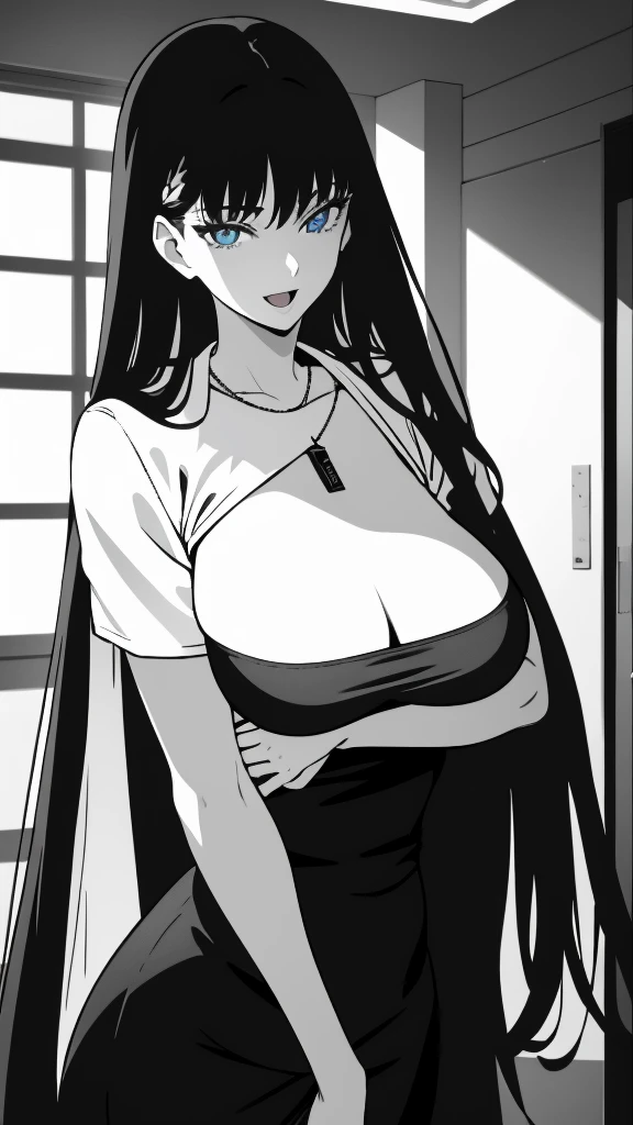 (masterpiece), (best quality), (ultra-detailed), ((girl, 29 years old)), an extremely delicate and beautiful, detailed eyes, minute details, (black hair, long hair, straight hair, hair between eyes), ((big breasts)), smile, open mouth, ((beautiful eyes)), (blue eyes), (upper body), she is wearing a blue dress, (detailed clothes), (detailed background, in a hospital, hospital hallway), (monochrome)