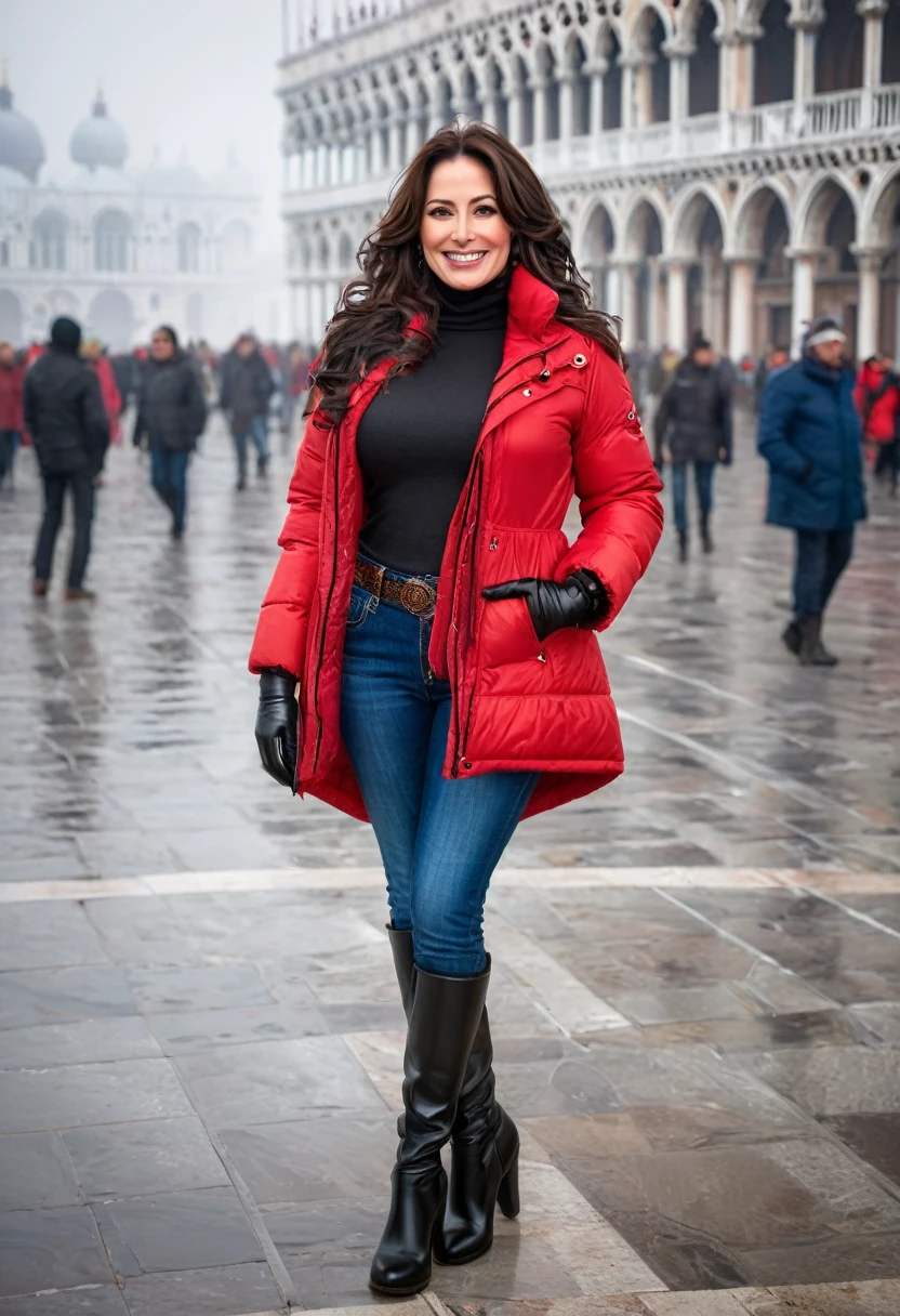 Create a realistic full-length photograph of a European woman of Russian origin, brunette, 45 years old, with long wavy black hair moving in the air, ((body with hourglass curves)), semicircular and sagging breasts, beautiful angelic face . , made up, dressed in scarlet red pain jeans and with high black leather boots that reach the middle of her thighs, a very thick down jacket for the snow and rain that is falling at that moment in black and white, white leather gloves in your hands for the cold. and a lot of fog with snowflakes in St. Mark's Square in Venice, she poses for the photographer and smiles affectionately, the tourists smile at her side and greet her with joy, in the background you can see the buildings of the palace, better photography, More Reasonable Details