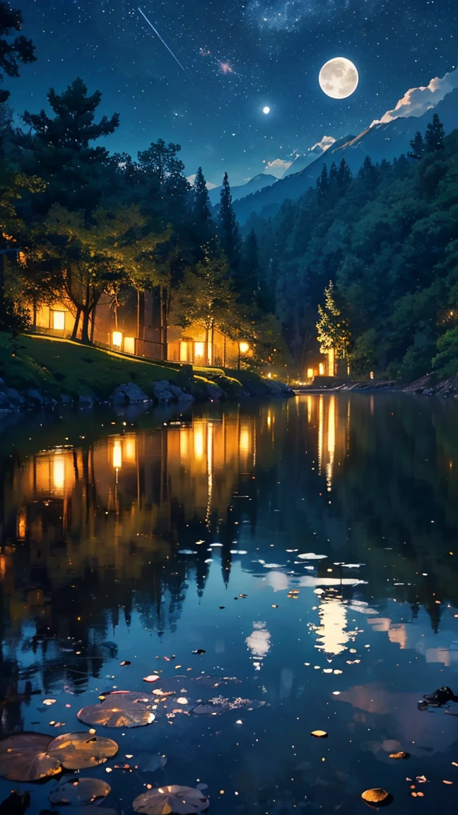 master part, gorgeous, Landscape, (((DDIM_HumaDDIMs))), Noite, flor, Jardim, Starry sky, constellations,((Full Moon)) , atordoante, vista, water, quente, aconchegante, peaceful, Meteoro, cosmico, Magic, magia, particuls, Justo, ((Pirilampos))