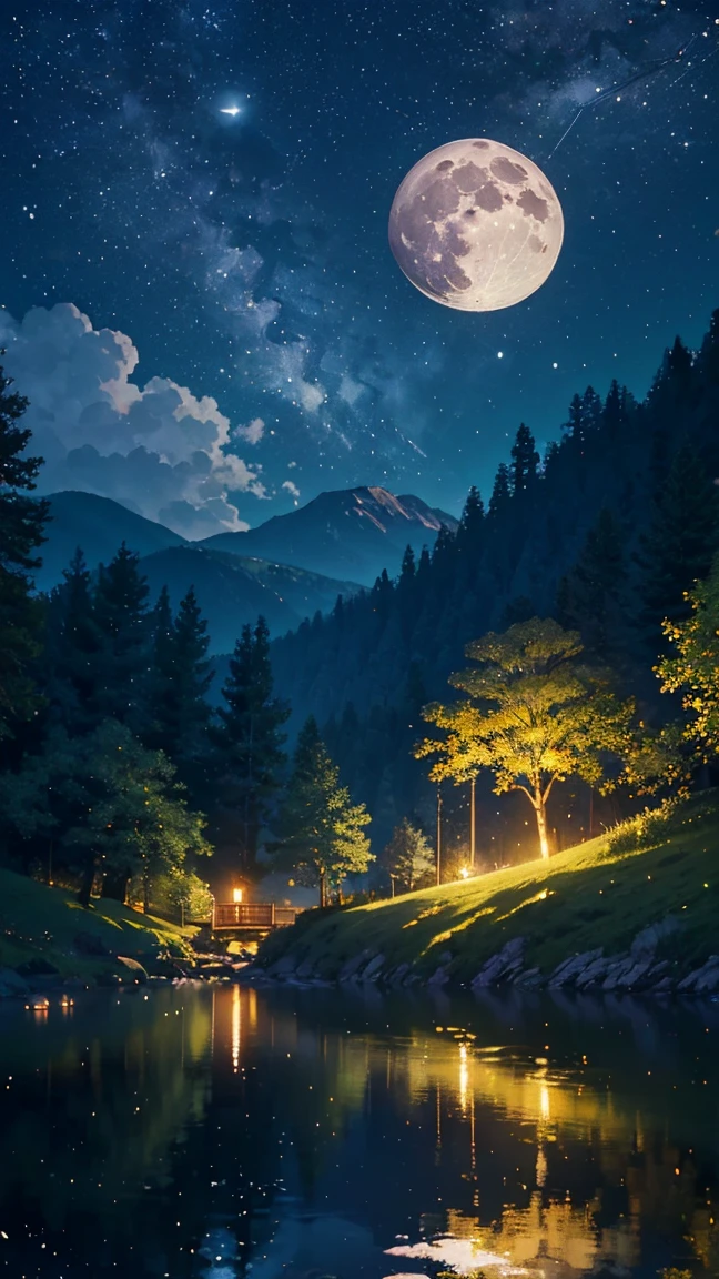 master part, gorgeous, Landscape, (((DDIM_HumaDDIMs))), Noite, flor, Jardim, Starry sky, constellations,((Full Moon)) , atordoante, vista, water, quente, aconchegante, peaceful, Meteoro, cosmico, Magic, magia, particuls, Justo, ((Pirilampos))