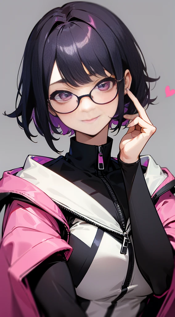 Top Quality, 8K, 4K, High Definition, Detail, (better-quality, 8K, 12), top-quality, 1 girl、only showing her face, she has Black hair, wearing a yellow pin on her right side of her hair, she has her hands together, she looking at you, she is smiling at you, medium breast, her jacket color dark gray with a pink zipper, pink eyes, showing her face and chesat, short hair long as her neck, (only showing half of her body) her jacket is loose. she is wearing earing only right ear shaped has a heart, she has her hand up making a pose, get closer to see up close of her face, she making a pose, she making pose her finger, wearing glasses, japanses face, had smile,
