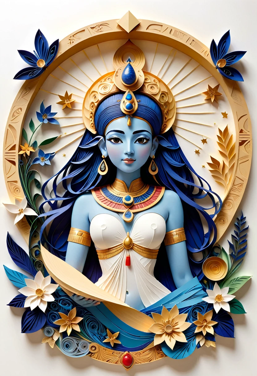(paper art，layered paper art，paper quilling, Paper cutting art), against a pure white background, Garden girl，(high detail, masterpiece, highest quality, uhd) This ancient Egyptian painting depicts a mythical and symbolic scene of great cosmological importance. in the center of the composition, the goddess Nut is observed, the personification of heaven, which is represented as a curved female figure, with blue skin full of golden stars. Nut is arched over her father Shu, the god of air, who holds the sky above his head and over Geb&#39;s body, the god of the earth, that is lying below. Shu is illustrated with raised arms, demonstrating its crucial role in separating heaven from earth.

Geb is shown as a reclining male figure, with a serene expression, symbolizing the fertile land and the physical world. Geb&#39;s position, lying down with one arm raised and the other bent, reflects the stability and foundation of earthly life.

Above Shu, Nut bows gracefully, symbolizing the celestial vault. Its blue skin and golden stars represent the night firmament, creating a visual connection between the sky and celestial bodies. Nut&#39;s stance, with hands and feet touching the earth, emphasizes its pervasive presence over the world and the importance of nature&#39;s daily and annual cycle.

The painting also features two smaller, mystical figures, possibly representing lesser deities or cosmic forces, holding symbolic elements on both sides of Shu. These details add depth to the scene, indicating the complexity and richness of ancient Egyptian religious and cosmological beliefs.