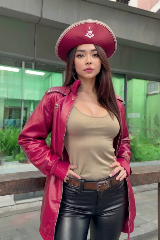 red bean, Beautiful woman, starship captain, Short jacket, cowboy shot, flirty, military bearing, standing, pirate