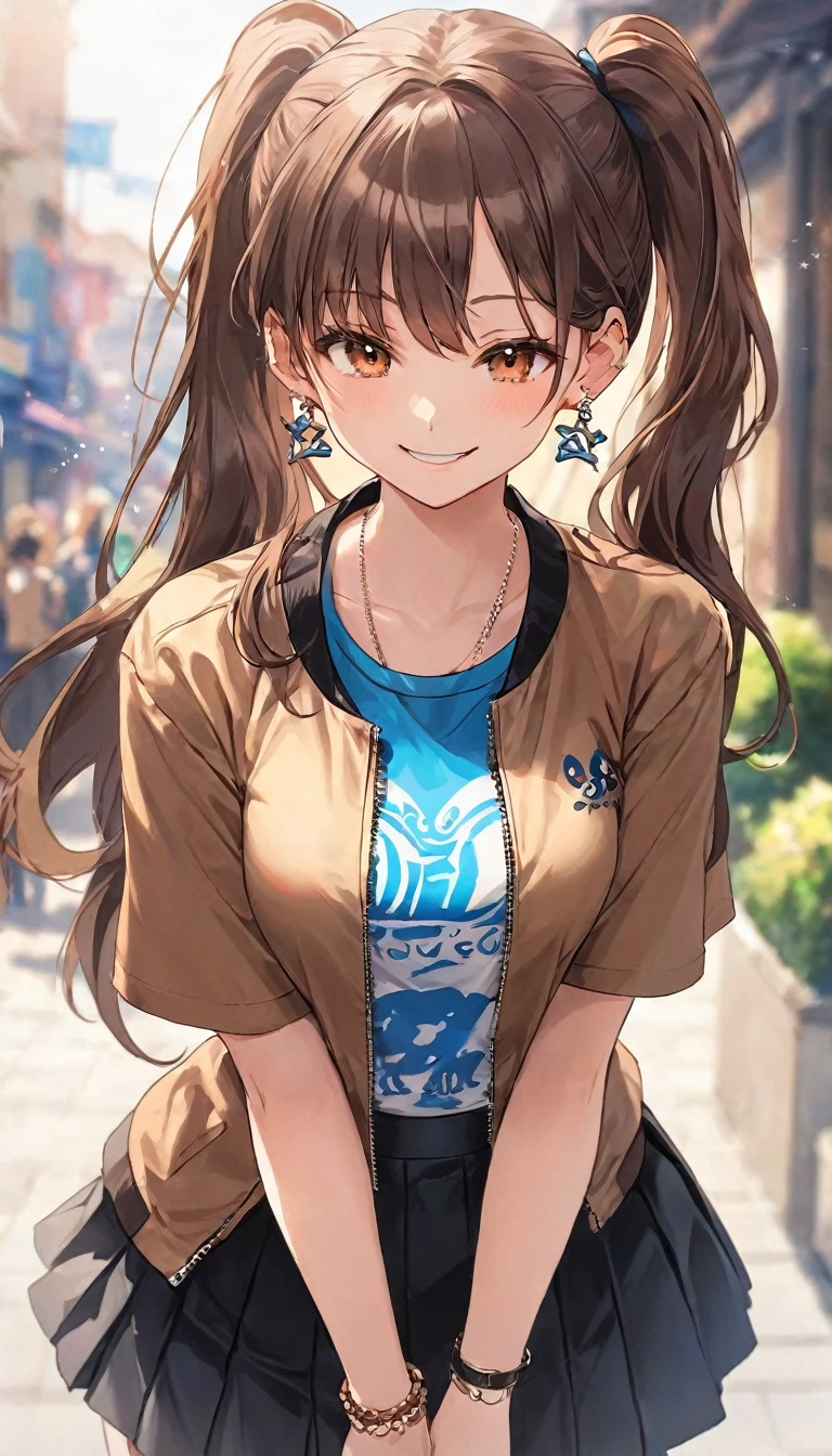 One Girl, Ahoge,ponytail, bangs, black skirt, Blue Claws, Blurred, Blurred background, chest, Brown eyes, Brown Hair, brown jacket, Mouth closed, Day付付き, Day, Written boundary depth, Earrings, eyelash, Please raise your hand, Tilt your head, one piece, jewelry, Long Hair, Short sleeve, Show Viewer, medium chest, Manicure, Open clothes, Outdoor, Pursing your lips, tuck your shirt in, Side Lock, skirt, alone, Upper Body, zipper, smile, ((masterpiece)), 