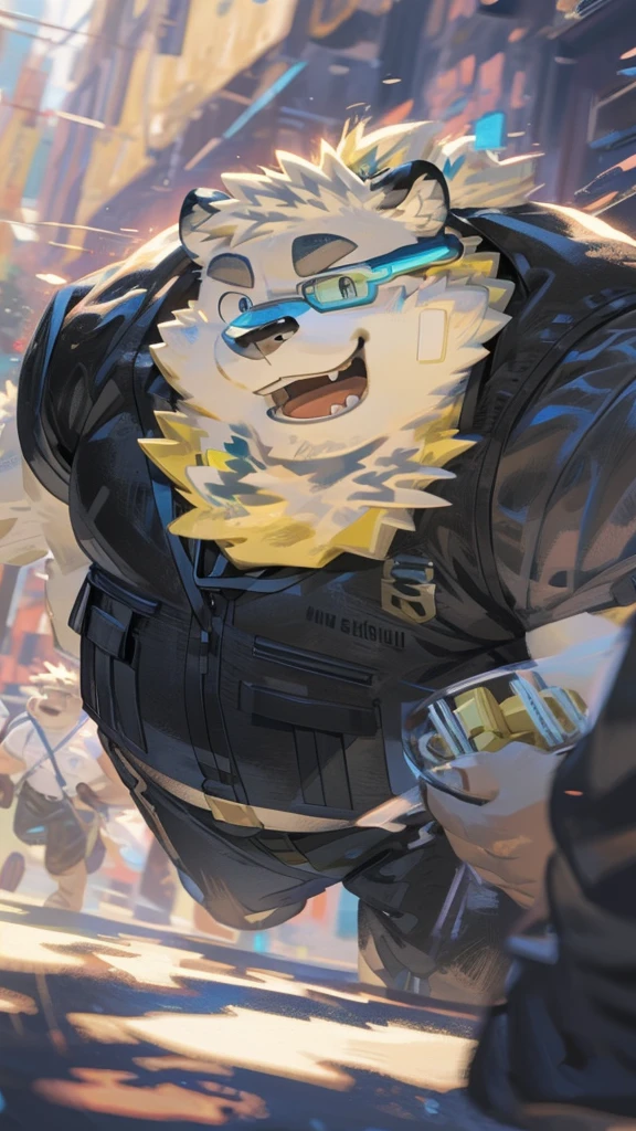 Lonely, ((spongy fur, spongy, furry body)), detailed spongy fur, delicate face, delicate Look like, dynamic poses, (ultra detailed), clear focus, genji, Look like, furry, (gray-black fur:1.5), White beard, human nature (Black Tiger,rLook like), Chest hair,male, middle aged, white belly, Increase chest muscles.(((muscular))), (endomorph body type:0.4), not too fat, rest ((black jacket,Sunglasses,White T-shirt,Black swimsuit,exposing breasts)), ultra delicate face, high detail, high quality, (Best Quality,4K,8K,high resolution,Masterpiece:1.2), (close up:1.3), author:Takemoto Arashi, The bullshit plant, author:The ghost of the void, From raccoon21, dynamic lighting, SMILE, (whole body:1.4), looking at the audience, eternity, close up portrait, indoorhigh resolution, Use thousands to support your belly, thousand.Detailed thousands,Detailed feet,Back,street,