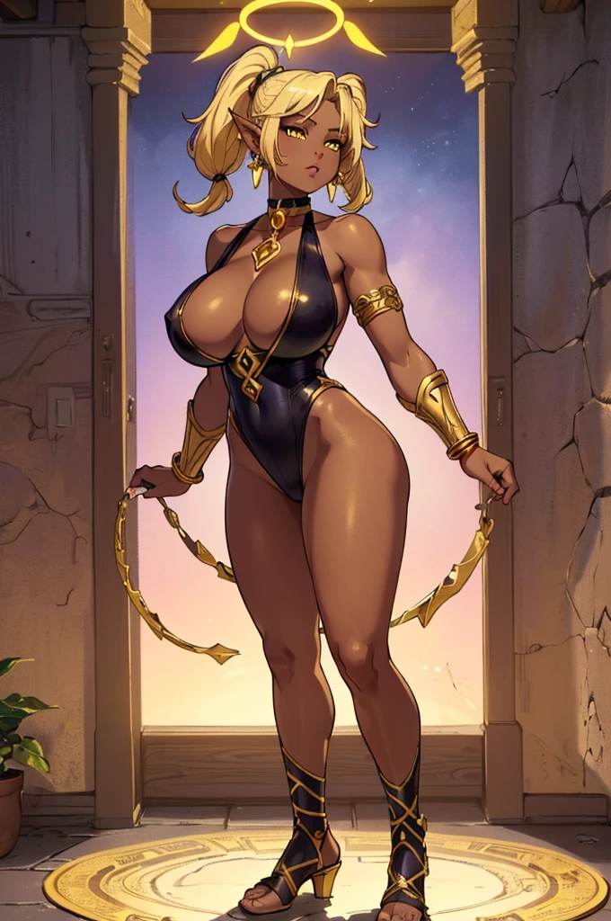 (masterpiece, best quality, high resolution, ((full body, standing,)), ((huge breasts)) 1 an African warrior ((dark skin)), short hair, blonde hair, yellow eyes, long pigtails, pointed ears , halo, gold earrings and purples, golden choker, golden bracelets, full body fantasy amazon armor,,full body