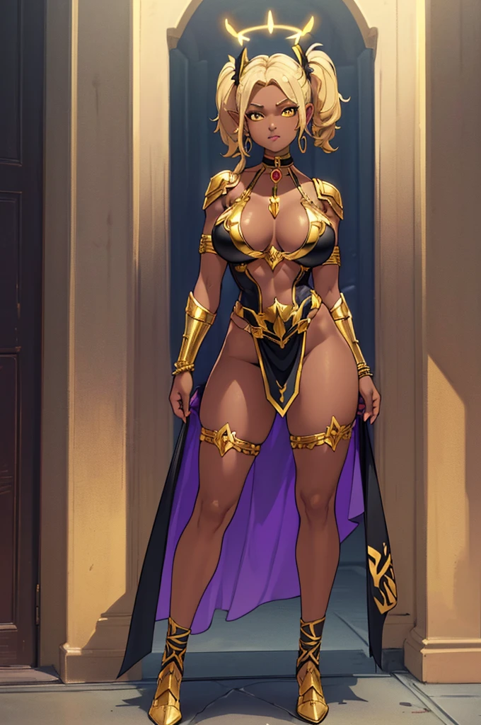 (masterpiece, best quality, high resolution, ((full body, standing,)), ((huge )) 1 an African warrior ((dark skin)), short hair, blonde hair, yellow eyes, long pigtails, pointed ears , halo, gold earrings and purples, golden choker, golden bracelets, full body fantasy amazon armor,,full body