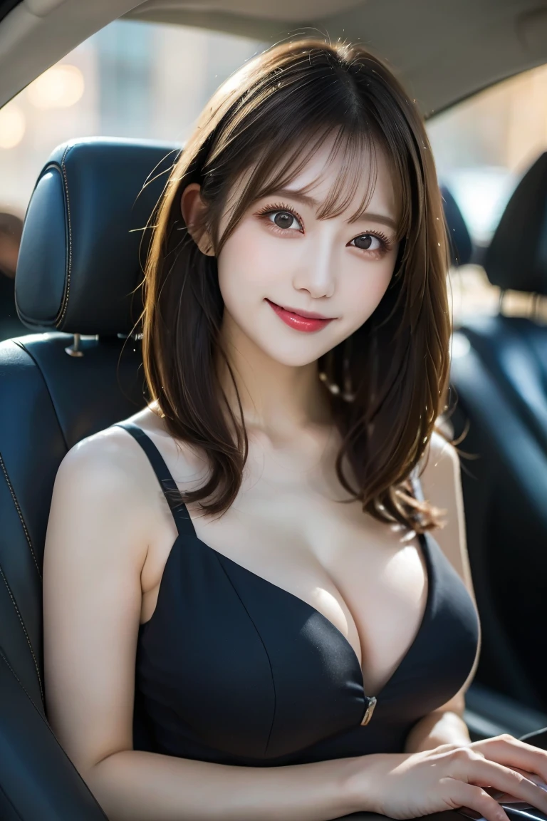 Inside a luxury car, Highest quality, shape, Very detailed, In detail, High resolution, 8k wallpaper, Perfect dynamic composition, Beautiful details,  Natural Lip,Cute One Piece , Big Breasts, Cleavage, Smiling in random sexy poses, A masterpiece of the whole body, 