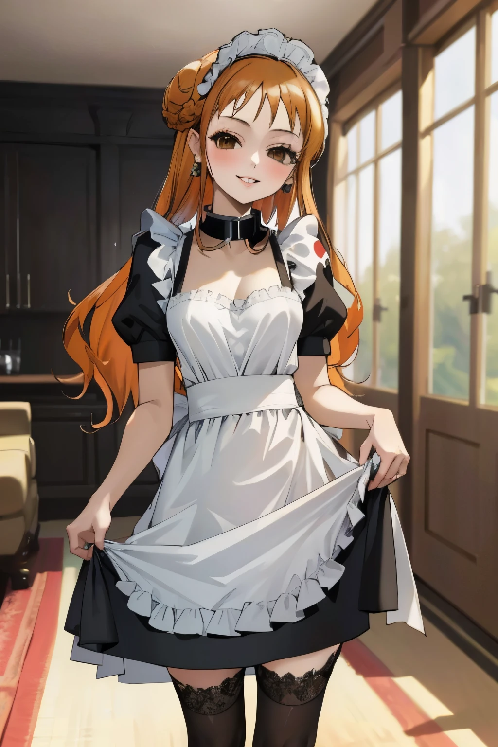 masterpiece, best quality, ultra-detailed, 1girl (namiop, Big and pretty breasts, naked body, jewelry, earrings, dog collar, orange hair, , single hair bun, brown eyes), smile, makeup, glow lips, facing viewer, looking at viewer, solo, maid(black), frill, apron, maid headdress, white lace thighhighs,ultra mini skirt, skirt lift, black lace panties, wanostyle, night time, in the livingroom, standing, skirt lift , come-on, temptation 