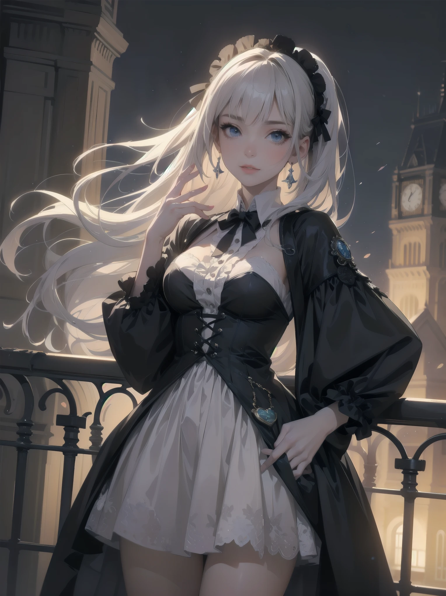 (Highest quality、16K、masterpiece、Ultra-high resolution、Victorian era、Photorealistic:1.2)、A delicate Lolita girl, aged 13, stands on a castle balcony at dusk, surrounded by the city's skyline and steampunk contraptions. Her platinum hair is messy, framing her androgynous charm. She wears a flowing white dress with a light green tie and holds a pocket watch in hand. A subtle smile plays on her lips as she gazes out at the night view, her eyes shining like sapphires. The air is filled with steam spewing from pipes, adding to the surreal atmosphere. Her skin glows with an ultra-dense texture, and her fingers are full and detailed.