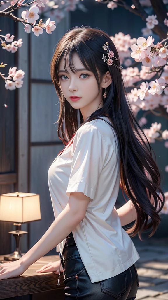 (Logo, masterpiece, 8K, On the table, RAW photos, wonderful, 最high quality, Photorealistic and hVery detailed CG integrated 8K wallpaper, high quality, Very detailed, Narrative Poems, Particle Effects, dynamic effect, Written border depth, light, lens flare, Ray Tracing)), fantasy, ((1 beautiful woman, Clear blue eyes, 赤いLong hair, Pretty Face, serious, Beautiful and delicate eyes, Beautiful skin)), 長い赤い髪がwindでなびく, 长长的红hair jump动, 長い赤い髪がwindで踊る, hair jump, camisole, Red leather pants, Red leather jacket, Silver earrings, ((night, wind, dark, Full Moon, night空, wind, Cherry blossoms, Cherry blossomsの花びらが舞っている, Cherry blossoms吹雪, Falling Flowers, Flying petals)), Hips up, beautiful eyes, Long hair, ringed eyes, Jewelry, Tattoo, Hanfu, Chinese Fairy, Taoist costumes
