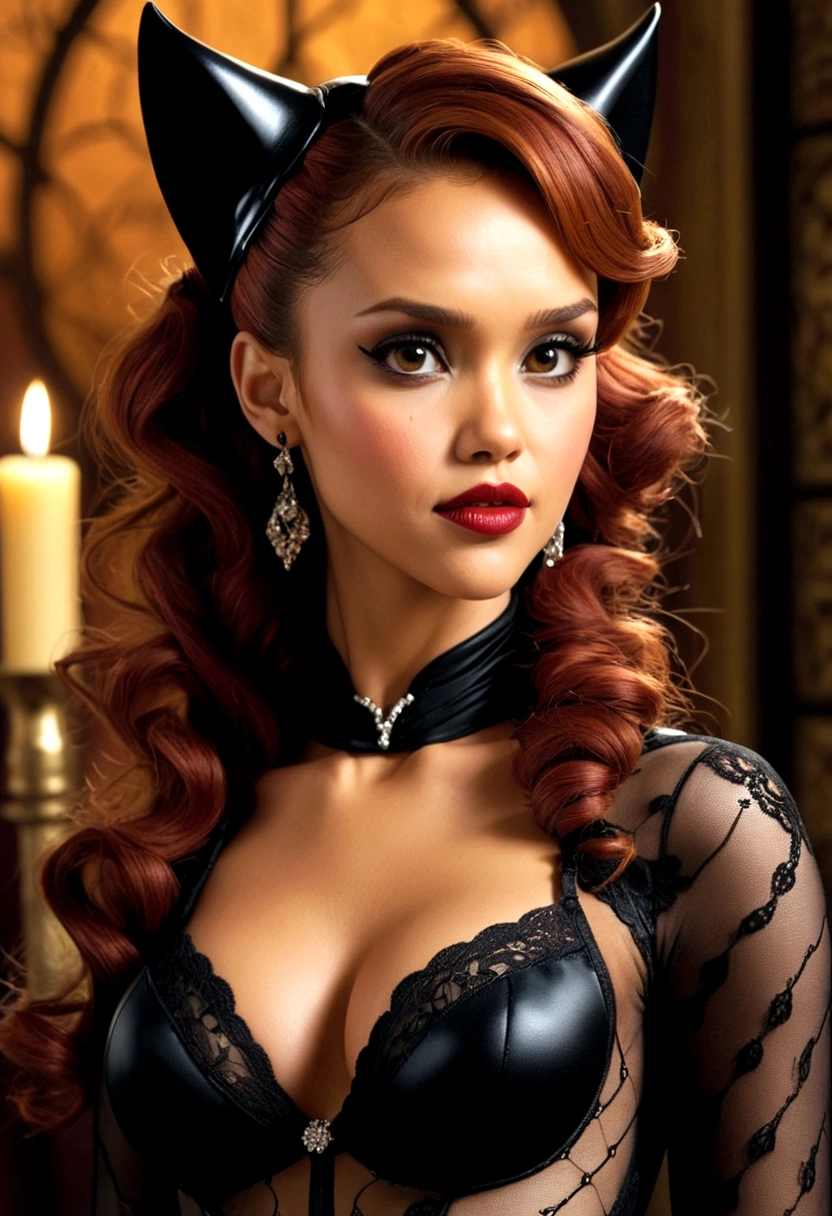 Full body shot Alicia Vikander catwoman, ringlets wavy five feet long red hair, updo hairstyle with ponytail on one side and long hairpins holding the bun long braid, strong thighs, dark red glossy lips, heavy black eye shadow long black eyeliner, long sharp claws, black lace beautiful and creative catwoman bodysuit with no jewels, huge cleavage, clear ears no earrings, no earrings, no earrings, no earrings, no jewels, beautiful forehead lace ornament, posing in a feminine catwoman den, happy expression, dark ambience night time candle lights. No faces on her chest!