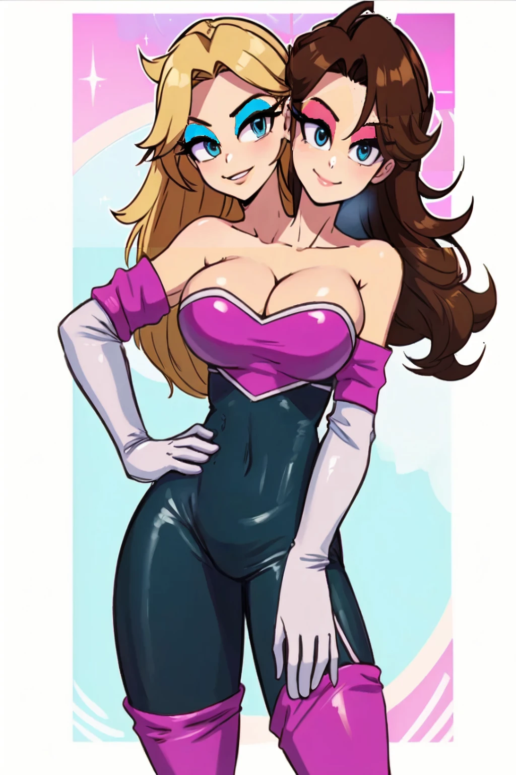 (masterpiece),(ultra-detailed), (high quality), (high resolution), (best quality:1.5, highres, UHD), highres, absurdo, ultra detail, ultra quality, Ultra resolution, 16k, 1girl, (2heads:1.5), ((girl with two heads)), golden blonde hair, (((same identical hair color))), black dress, large breasts, cleavage,dbgtbra, 1 girl, solo, blonde hair, brown hair, long hair, aqua eyes, eyeshadow, smile, closed mouth, cowboy shot, 1 girl, solo, rouge_the_bat_(cosplay), black rubber bodysuit, white elbow gloves, bare shoulders, medium breast, pink lipstick, smile, standing up