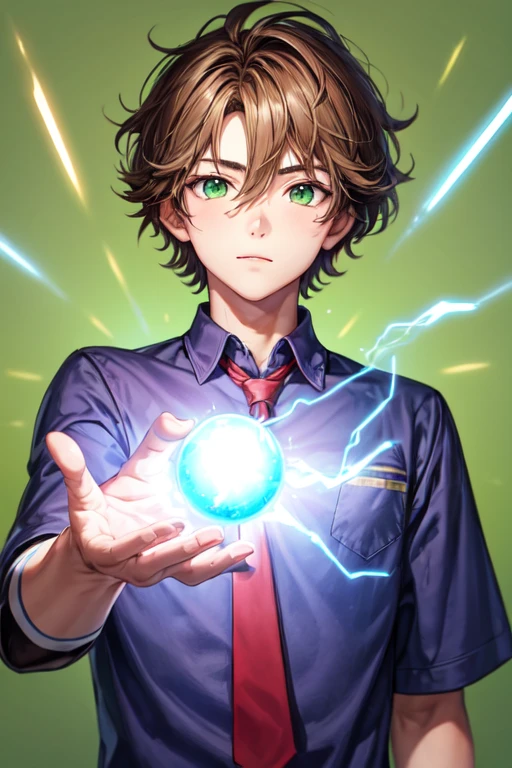 21-year-old boy with light brown hair and green eyes with a purple background, wearing school clothes and with powers of telekinesis and telepathy