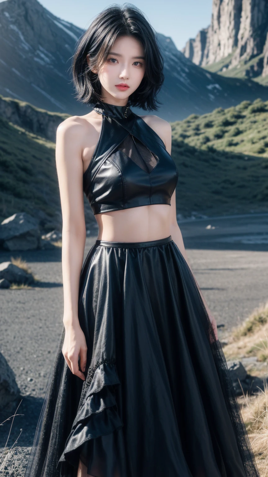 best quality, 1 Girl, dark blue hair, black eyes, Very short hair, Spiky hair, wears sweet black dress luxury，A cropped dress, 171 cm, Messy hair, Hair between the eyes, Tomboy, aldult, 20 years old, A sweet girl by the mountain