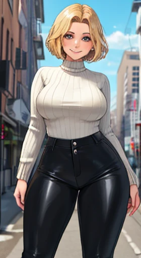 masterpiece, high quality, intricate detailing, extremely detailed, 1girl, mature female, short hair, blonde hair, thick thighs, thin waist, wide hips, curvy figure, voluptuous, model figure, breasts, HQl4t3xp4nts, standing, full body, cowboy shot, cowboy pose, ((tight pants, leather pants, sweater,)), boots, in the streets, cityscape, looking at viewer, smiling,