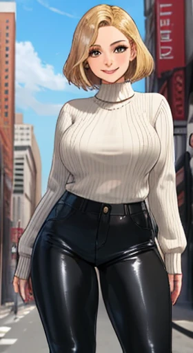 masterpiece, high quality, intricate detailing, extremely detailed, 1girl, mature female, short hair, blonde hair, thick thighs, thin waist, wide hips, curvy figure, voluptuous, model figure, breasts, HQl4t3xp4nts, standing, full body, cowboy shot, cowboy pose, ((tight pants, leather pants, sweater,)), boots, in the streets, cityscape, looking at viewer, smiling,