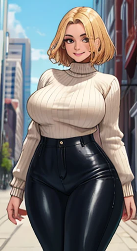 masterpiece, high quality, intricate detailing, extremely detailed, 1girl, mature female, short hair, blonde hair, thick thighs, thin waist, wide hips, curvy figure, voluptuous, model figure, breasts, HQl4t3xp4nts, standing, full body, cowboy shot, cowboy pose, ((tight pants, leather pants, sweater,)), boots, in the streets, cityscape, looking at viewer, smiling, 