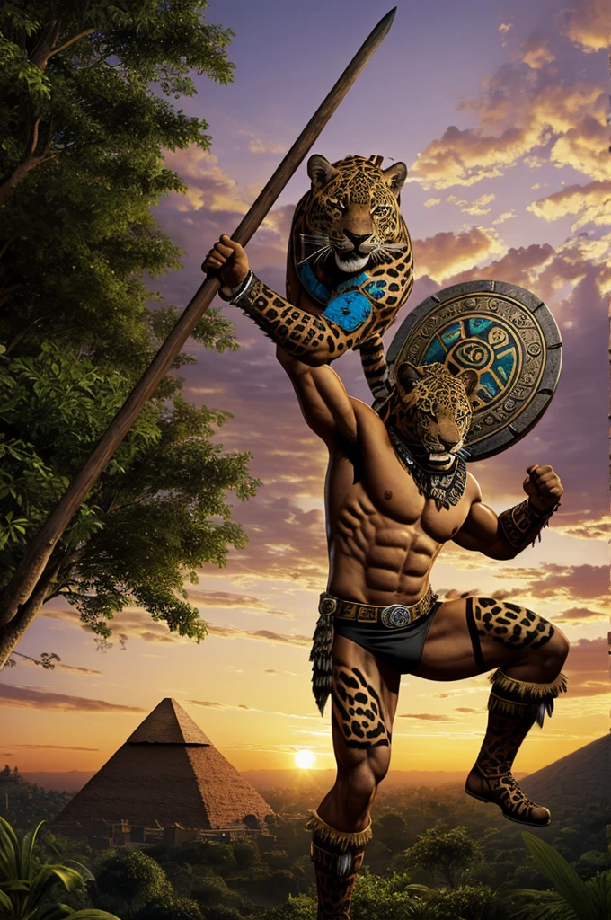 anthropomorphic jaguar, jaguar skin, Very strong, Aztec warrior, with shield, with spear, climbing, sunset in the jungle, background pyramid