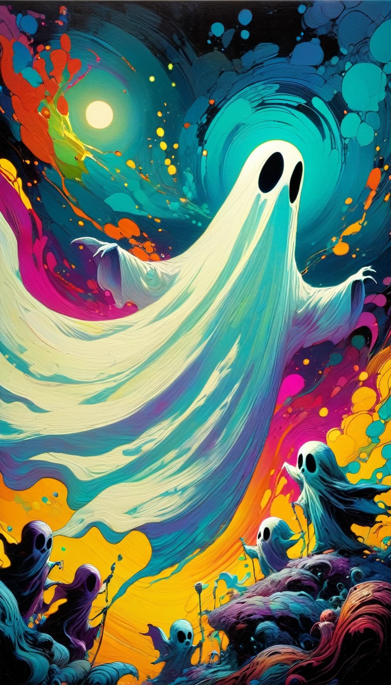 a ghost, oil painting, pop art style, vibrant colors, dynamic composition, Skottie Young and Bill Sienkiewicz inspired, detailed textures, dramatic lighting, surreal elements, fantastical creatures, bold brushstrokes, striking contrast, whimsical atmosphere, dreamlike quality, (best quality,4k,8k,highres,masterpiece:1.2),ultra-detailed,(realistic,photorealistic,photo-realistic:1.37)
