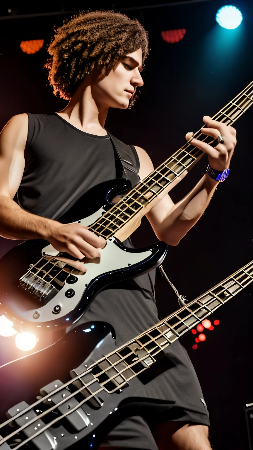 create a rock star playing bass on stage, short hair,realistic,8k, uhd,
