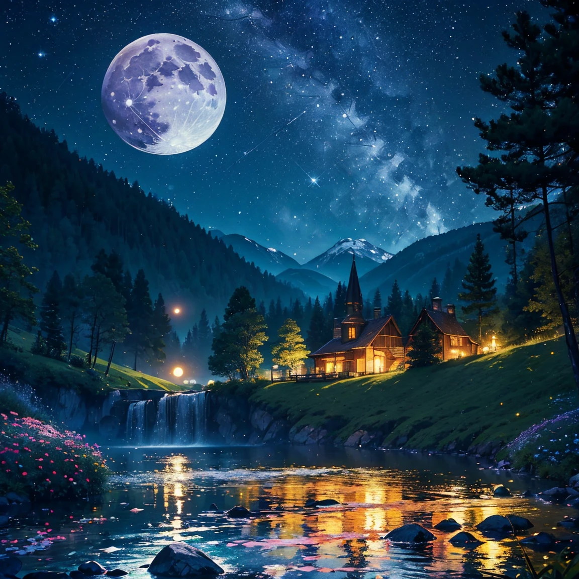 master part, gorgeous, Landscape, (((DDIM_HumaDDIMs))), Noite, flor, Jardim, Starry sky, constellations,((Full Moon)) , atordoante, vista, water, quente, aconchegante, peaceful, Meteoro, cosmico, Magic, magia, particuls, Justo, ((Pirilampos))