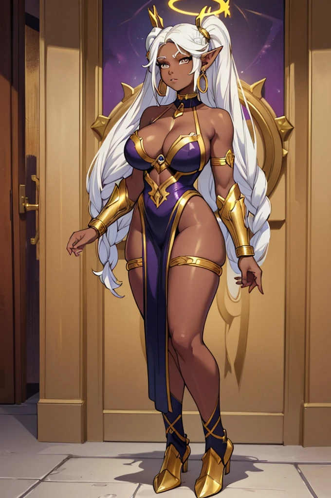 (masterpiece, best quality, high resolution, ((full body, standing,)), ((huge breasts)) an African warrior ((dark skin)), long hair, white hair, white eyes, long dreadlocked pigtails, pointy ears , halo, gold and purple earrings, gold choker, gold bracelets, full body fantasy amazon armor,,full body
