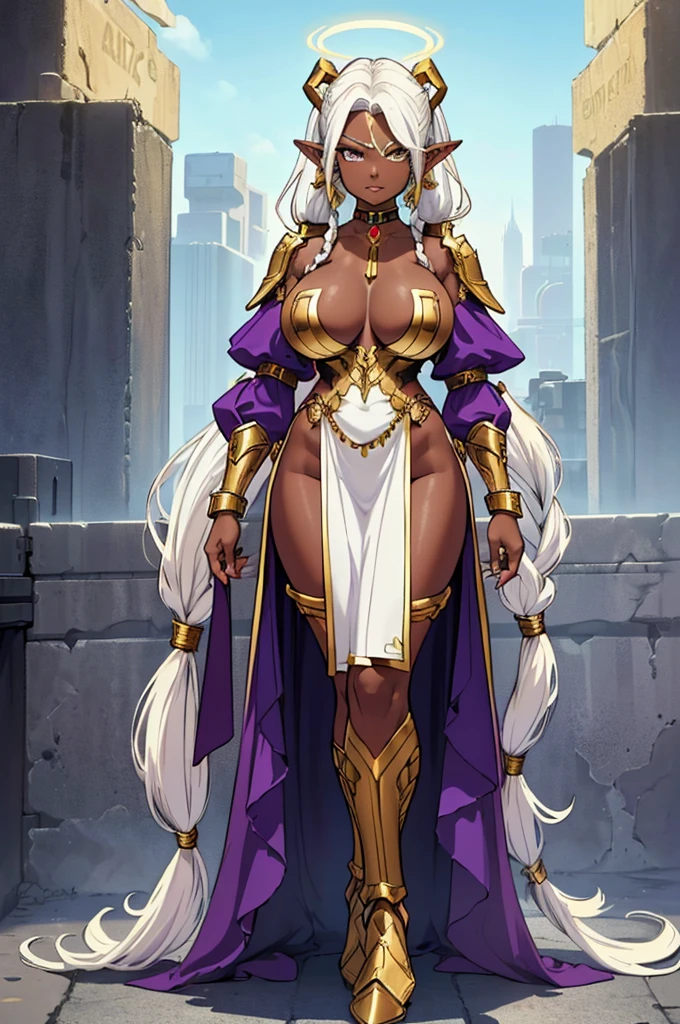 (masterpiece, best quality, high resolution, ((full body, standing,)), ((huge breasts)) an African warrior ((dark skin)), long hair, white hair, white eyes, long dreadlocked pigtails, pointy ears , halo, gold and purple earrings, gold choker, gold bracelets, full body fantasy amazon armor,,full body
