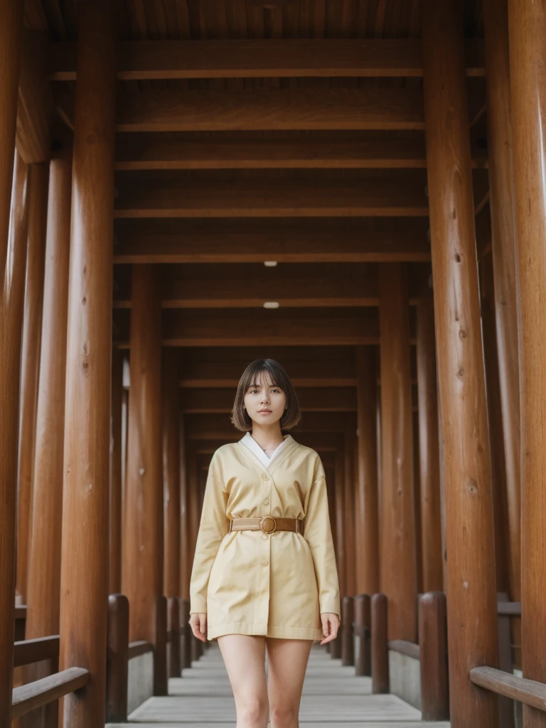 her name is Amelie, high quality, 1girl, ((20-year-old fit Caucasian woman)), ((20 years old)), ((fit)), ((Wavy Bob)), pose: standing, wearing stylish fashionable Generation-Z modern wear colored, BACKGROUND: Inside the serene Meiji Shrine, with its towering wooden torii gates, intricate woodwork, and tranquil inner sanctum.