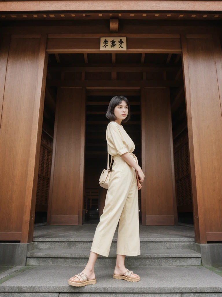 her name is Amelie, high quality, 1girl, ((20-year-old fit Caucasian woman)), ((20 years old)), ((fit)), ((Wavy Bob)), pose: standing, wearing stylish fashionable Generation-Z modern wear colored, BACKGROUND: Inside the serene Meiji Shrine, with its towering wooden torii gates, intricate woodwork, and tranquil inner sanctum.